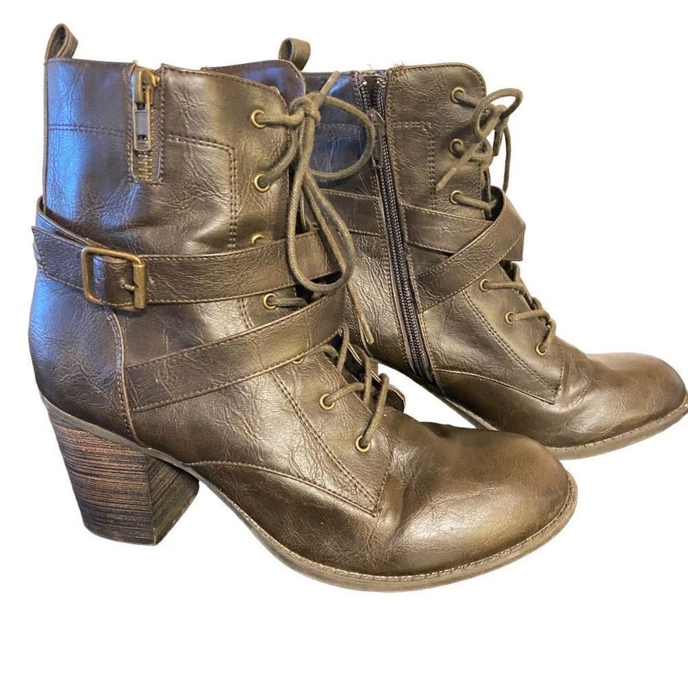 DIBA size 9 1/2 brown moto boots zipper side heal buckle witch boots